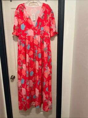 Girls Floral Maxi Dress - Pink Floral on Red - Brand Unspecified